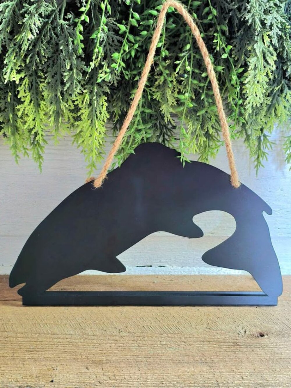 Rustic Black Metal Fish Silhouette Wall Hanging with Rope Cabin Lodge Decor